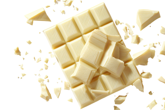 White chocolate bar, broken apart, scattered pieces