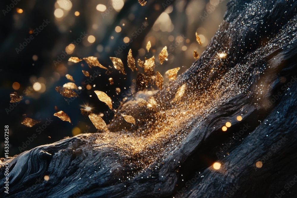Aufkleber organic glitter particles scatter from a log in a magical forest setting at dusk, organic glitter pr