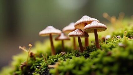 Tiny mushrooms nestled amongst vibrant green moss.
