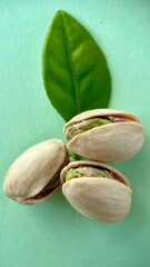 Minimalistic close-up of three open pistachio nuts with a fresh green leaf on a mint green background. Organic vegan snack concept with natural colors and textures.
