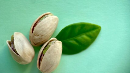 Three pistachios with a green leaf on a light green background