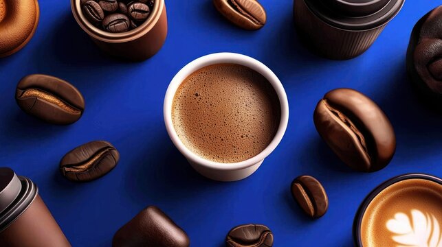 Espresso, coffee beans, latte art, blue background; cafe menu