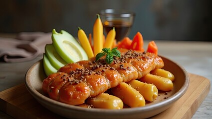 Sweet pastries and fruits arranged on a plate.