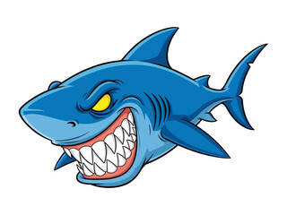 Menacing Cartoon Shark: A close-up illustration captures a fierce cartoon shark, revealing its sharp teeth and intense gaze, ideal for conveying predator power and marine danger.