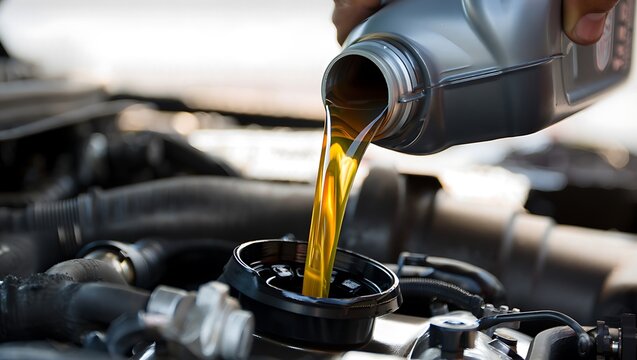 Pouring new motor oil into a car engine during maintenance