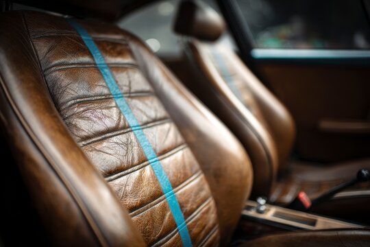 Fototapeta Vintage car seats, leather, teal stripe
