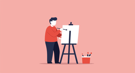 Painter paints on canvas at an easel, with brushes on background, for ads