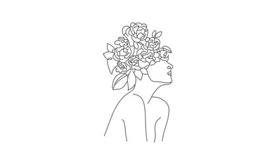 Minimalist Floral Line Drawing of Abstract Portrait – Artistic Black and White Illustration