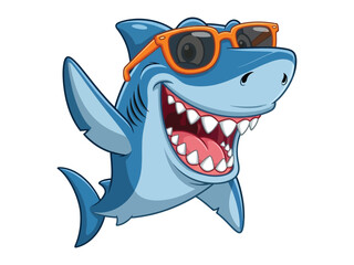 Naklejka premium Cool Shark Illustration: A vibrant cartoon illustration of a shark wearing sunglasses and exhibiting a confident, friendly demeanor. Perfectly captures a sense of playful, summer fun. 