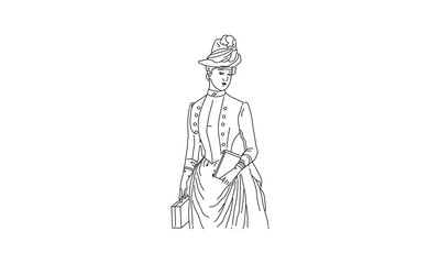 Victorian-Era Woman Holding Books – Vintage Line Art Illustration