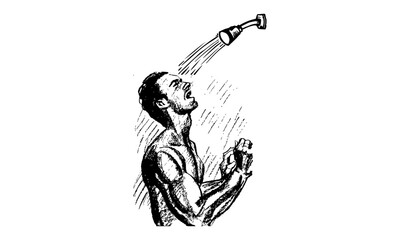 Man Taking a Shower - Line Drawing