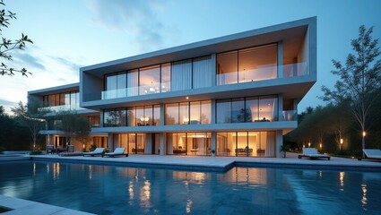 Modern house with a pool at twilight.