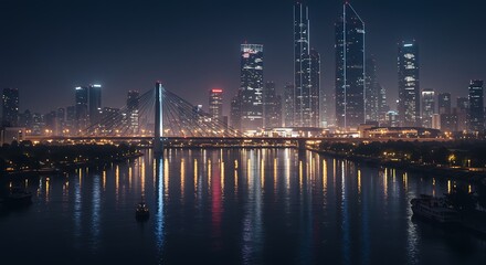 Fototapeta premium Cityscape at Night Reflections on the Water Modern Urban Landscape with a Bridge and Skyscrapers Shimmering Lights in Guangzhou China