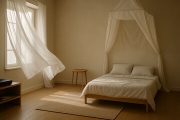 Serene bedroom with sunlight streaming through blowing curtains and a canopy bed