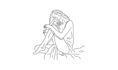 Contemplative Woman Sitting Line Drawing