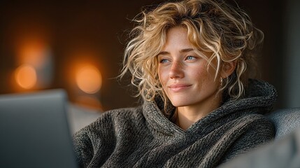 Smiling Young Woman using Laptop in Cozy Home Setting