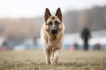 Majestic German Shepherd strides forward, alert and confident. Perfect for pet care, security, or loyalty concepts. Expressive eyes, strong posture. Ideal for ads, websites, blogs.