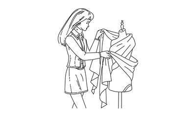 Fashion Designer Draping Fabric – Hand-Drawn Line Art of Mannequin Styling
