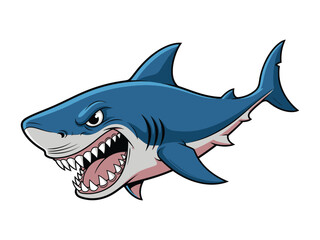 Fierce Aquatic Predator: A cartoon illustration of a powerful shark, showcasing its sharp teeth, intense gaze, and menacing posture in a striking visual.