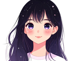 Obraz premium Closeup portrait of a smiling anime girl with long starry black hair and cosmic purple eyes.