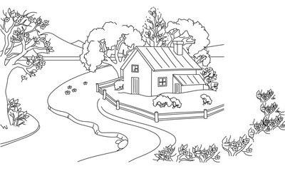 Countryside Cottage Scene – Hand-Drawn Line Art of Rural Landscape and Nature