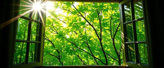 Obraz premium Sunlight streams through an open window, illuminating vibrant green spring foliage, scenery, landscape