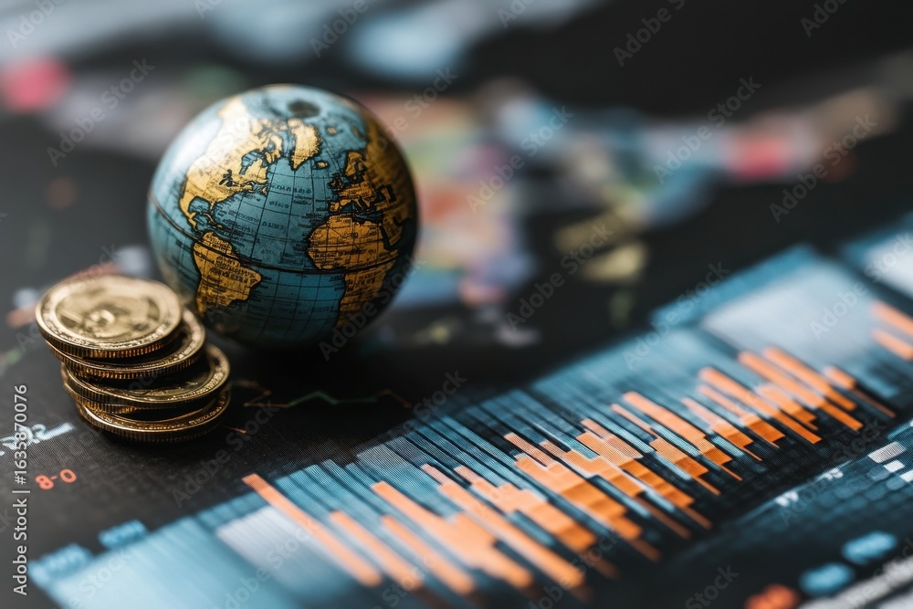 Poster global financial data analysis with world map and currency coins on display, financial data processi