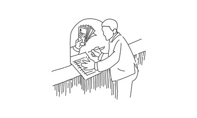 Minimalist Line Drawing of a Bank Teller Transaction with Customer Writing at Counter