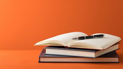 Fototapeta premium A metal pen is placed on the blank page of an open notebook, and the lively orange background can inspire creativity.