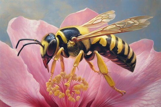 Wasp landing on vibrant pink hibiscus flower during sunny afternoon foraging, Wasp landing on pink ibiscus flower Bee closeup