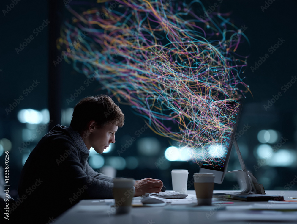 Poster focused man working late at a computer. colorful light streams from the screen, representing data, i