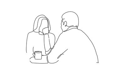 Minimalist Line Art of Two People Having a Conversation Over Coffee