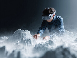 Man in VR headset interacts with a digital landscape. Conceptual image for metaverse, future tech, gaming, simulation, digital art. Powerful visual for innovation themes.