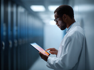 Focused scientist in lab coat uses tablet in server room, representing data analysis, research, and technology. Ideal for illustrating innovation and expertise.