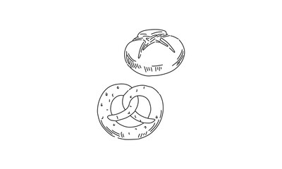 Hand-Drawn Line Illustration of Bread and Pretzel