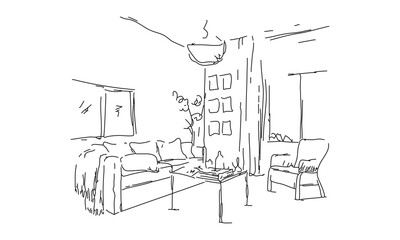 Minimalist Line Drawing of a Modern Living Room Interior