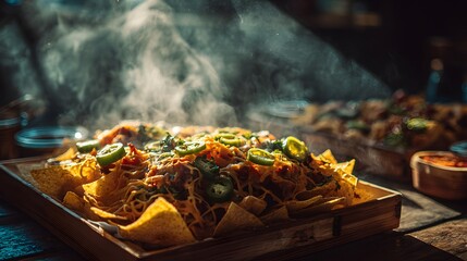 Loaded nachos with cheese and jalapenos steam rising.