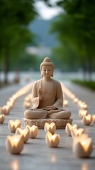 Buddha statue in the temple with candle lotus 