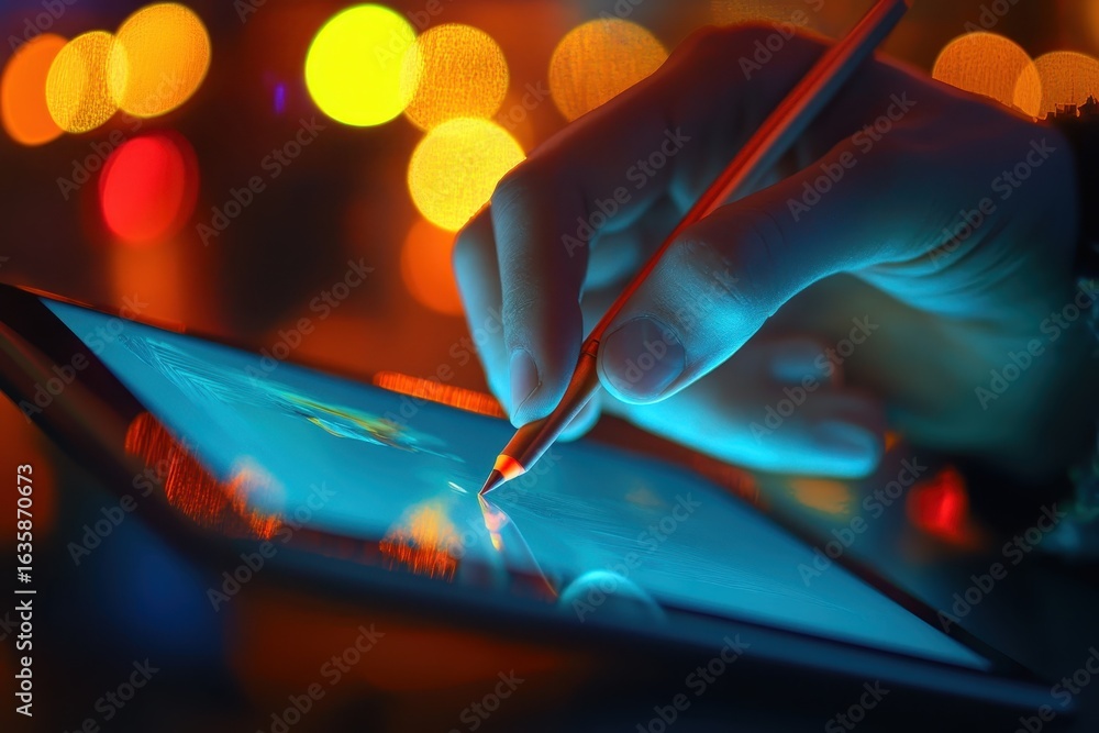 Poster creative expression using a digital tablet in a vibrant urban setting during nighttime, using digita