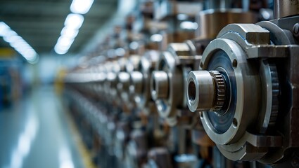 Fototapeta premium Close up of industrial machinery with a blurred background of a factory floor