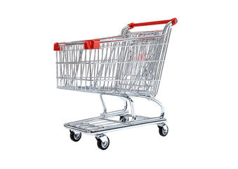Clear plastic shopping cart with red handles, angled view