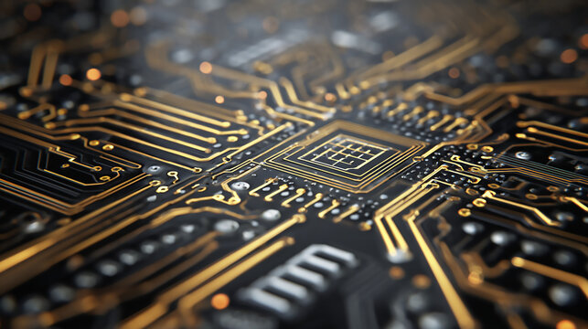 Closeup view of a complex electronic circuit board with glowing golden lines and intricate pathways, representing advanced technology and data processing - Powered by Adobe