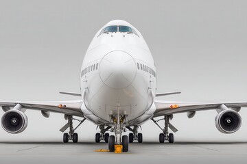 Front view of a large white airplane on the tarmac