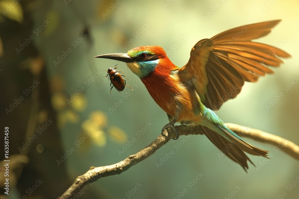 Poster beekeeper skillfully juggles a beetle on a branch in a serene forest setting during the golden hour,