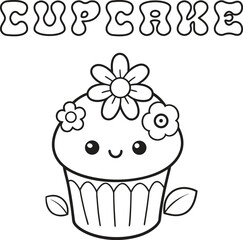 Cute kawaii cupcake coloring page for kids, black and white vector illustration of smiling sweet dessert, cartoon-style cupcake line art, fun printable worksheet for children&rsquo;s creative coloring 