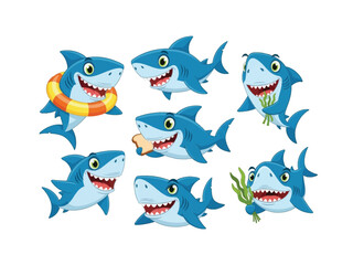 Playful shark characters: Adorable cartoon sharks in various poses and expressions, perfect for children's illustrations and ocean-themed projects. Capturing happiness and playful spirits. 