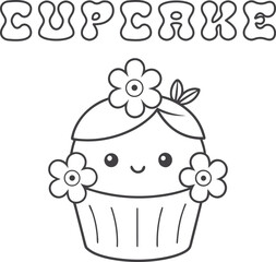 Cute kawaii cupcake coloring page for kids, black and white vector illustration of smiling sweet dessert, cartoon-style cupcake line art, fun printable worksheet for children&rsquo;s creative coloring 