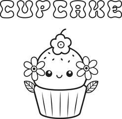 Cute kawaii cupcake coloring page for kids, black and white vector illustration of smiling sweet dessert, cartoon-style cupcake line art, fun printable worksheet for children&rsquo;s creative coloring 