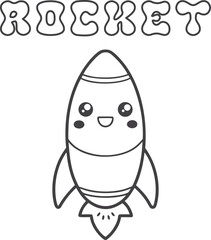 Cute kawaii rocket coloring page for kids, black and white vector illustration of smiling rocket ship, cartoon-style space vehicle line art, fun printable worksheet for children&rsquo;s creative coloring ac