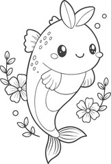 Cute kawaii fish coloring page for kids, black and white vector illustration of smiling fish, cartoon-style sea animal line art, fun printable worksheet for children&rsquo;s creative coloring activities